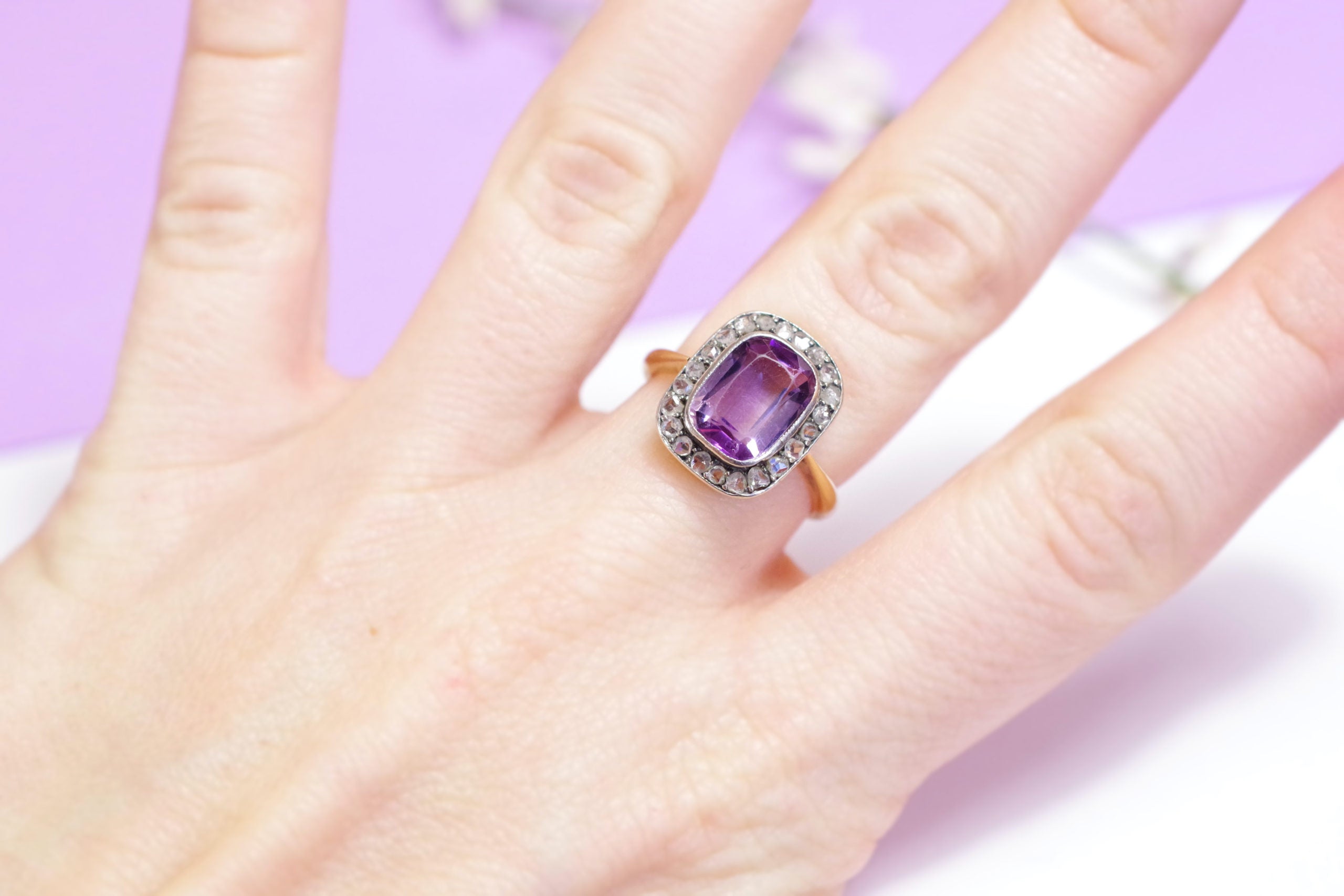 Antique amethyst diamond ring in gold