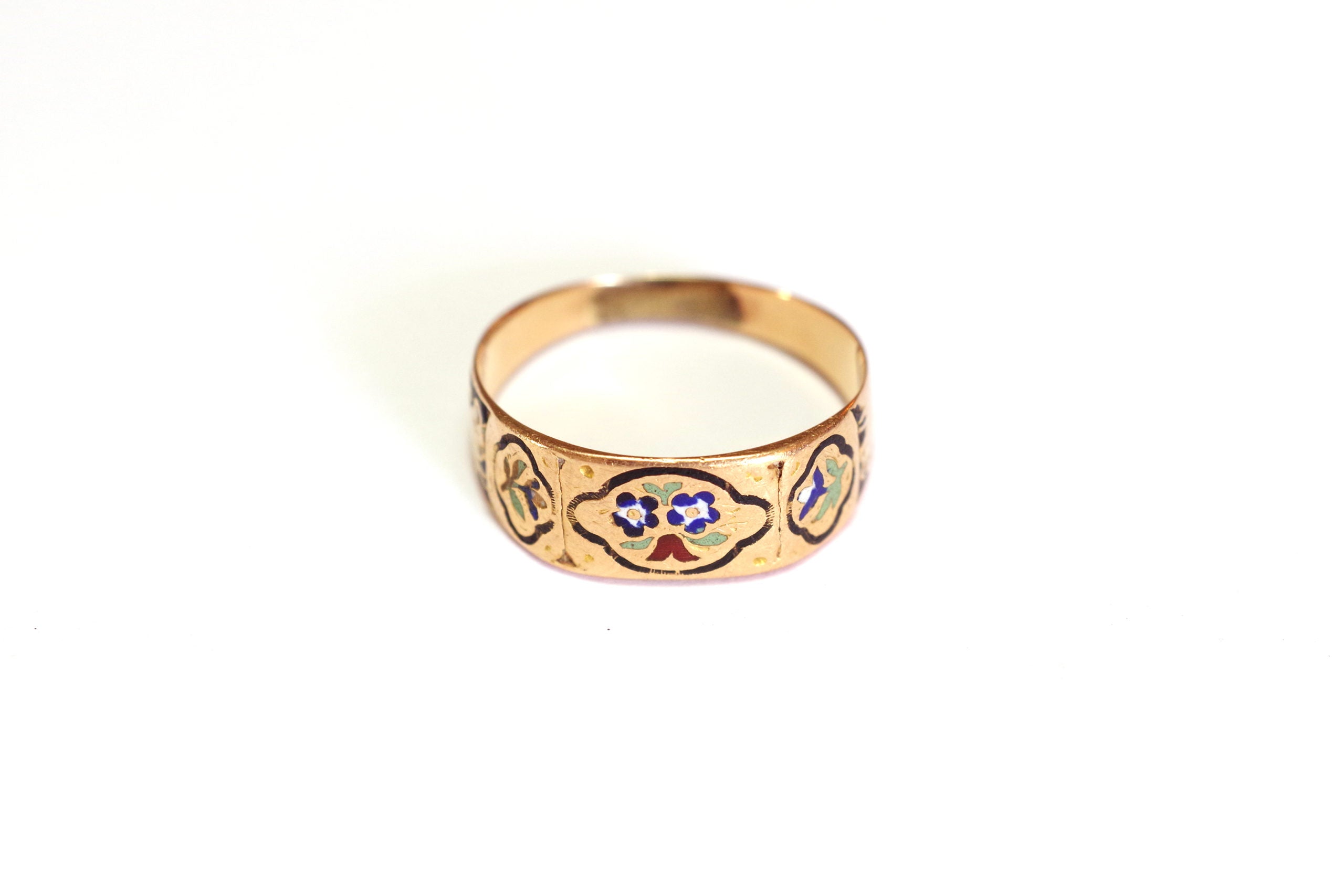 antique wedding ring 18k enamel flower pansy