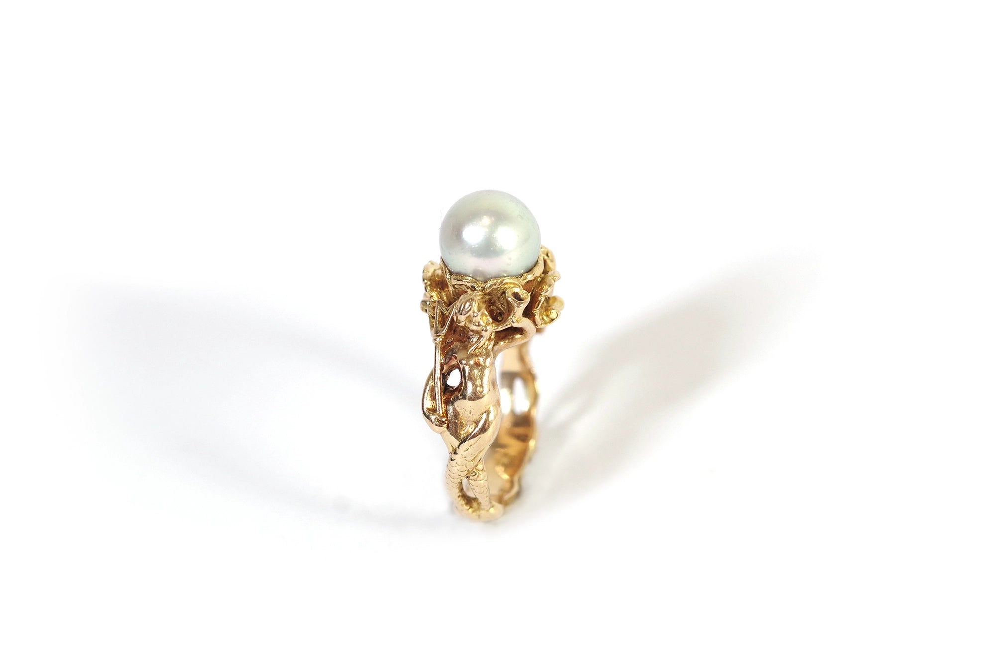 Gold pearl mermaid ring art nouveau