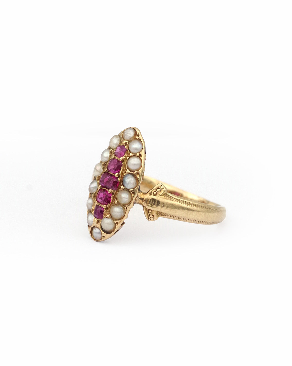 Victorian navette pearl ruby ring