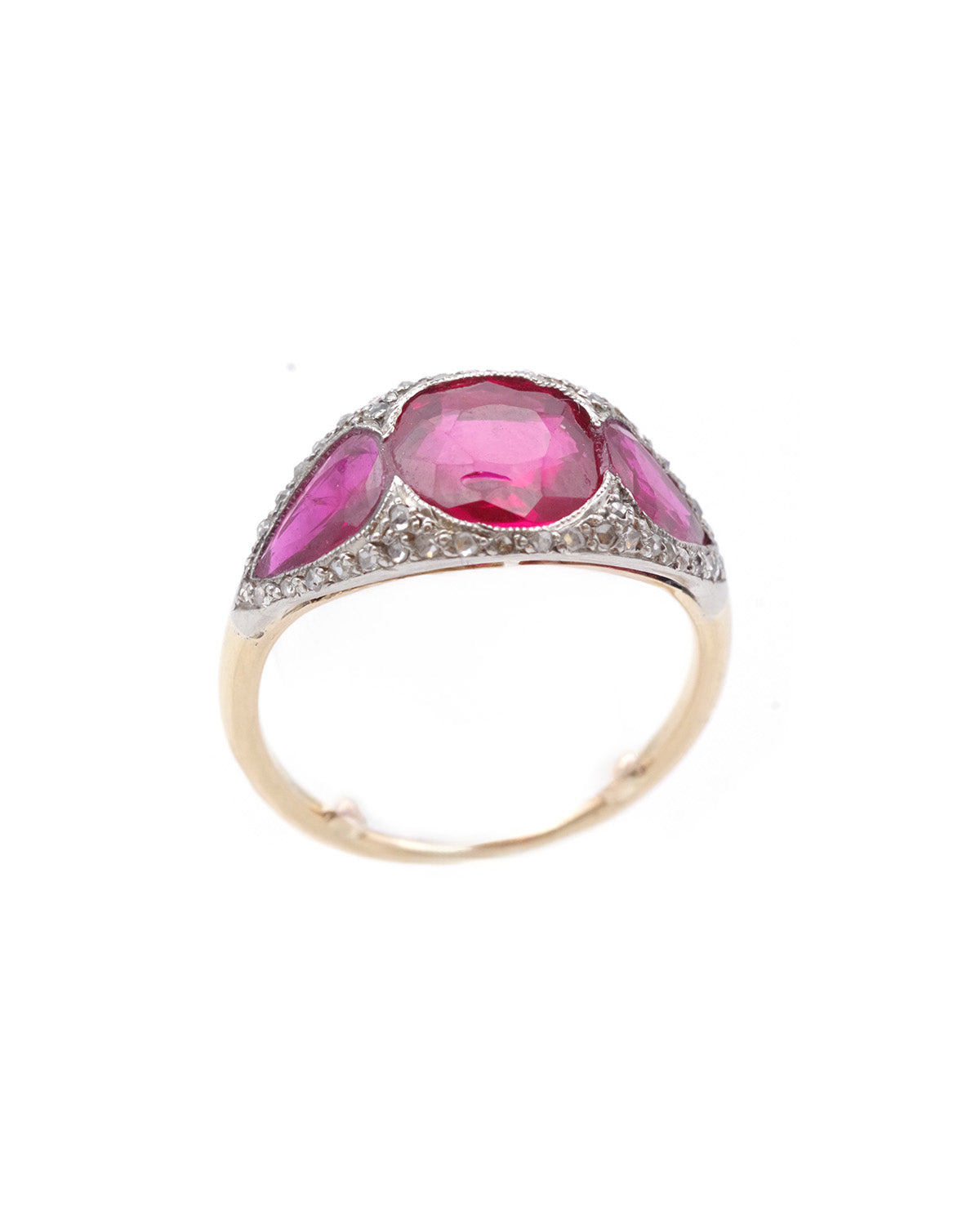 Three stone ruby diamond ring