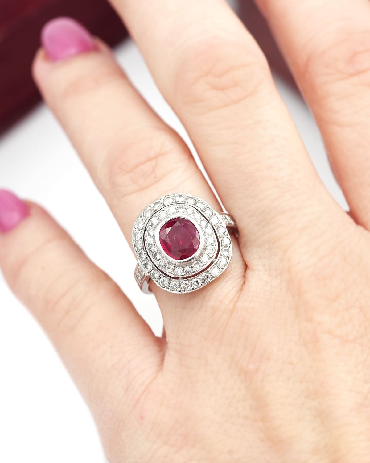 Ruby diamond cluster ring in white gold