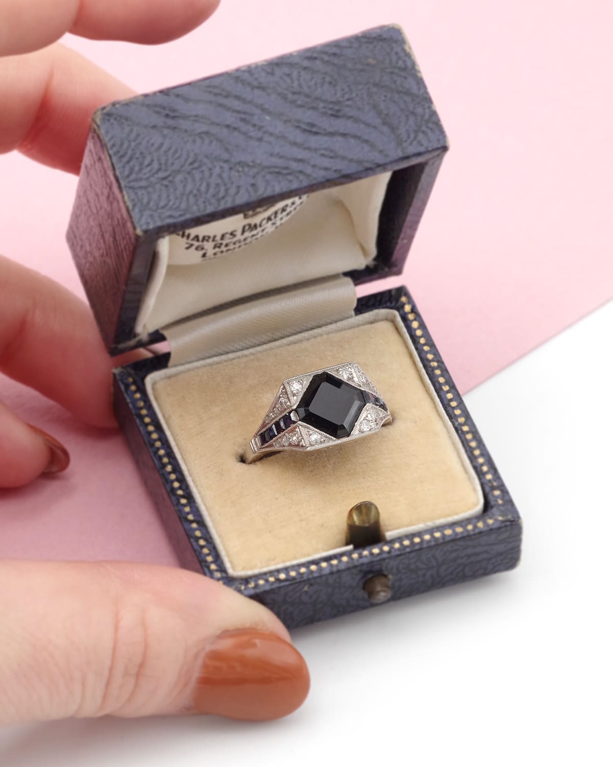 Square sapphire diamond ring in platinum