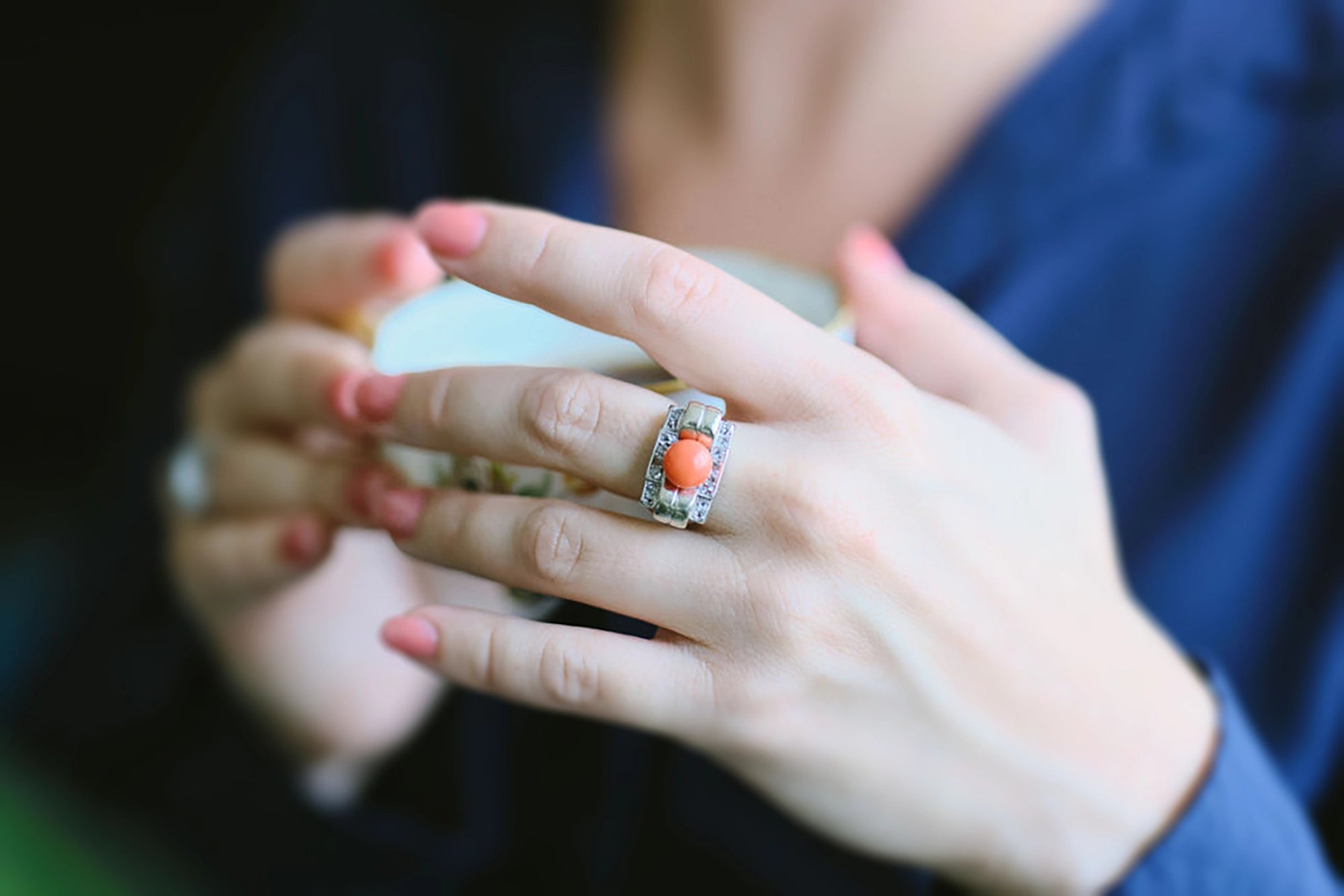 Bague Tank diamants corail