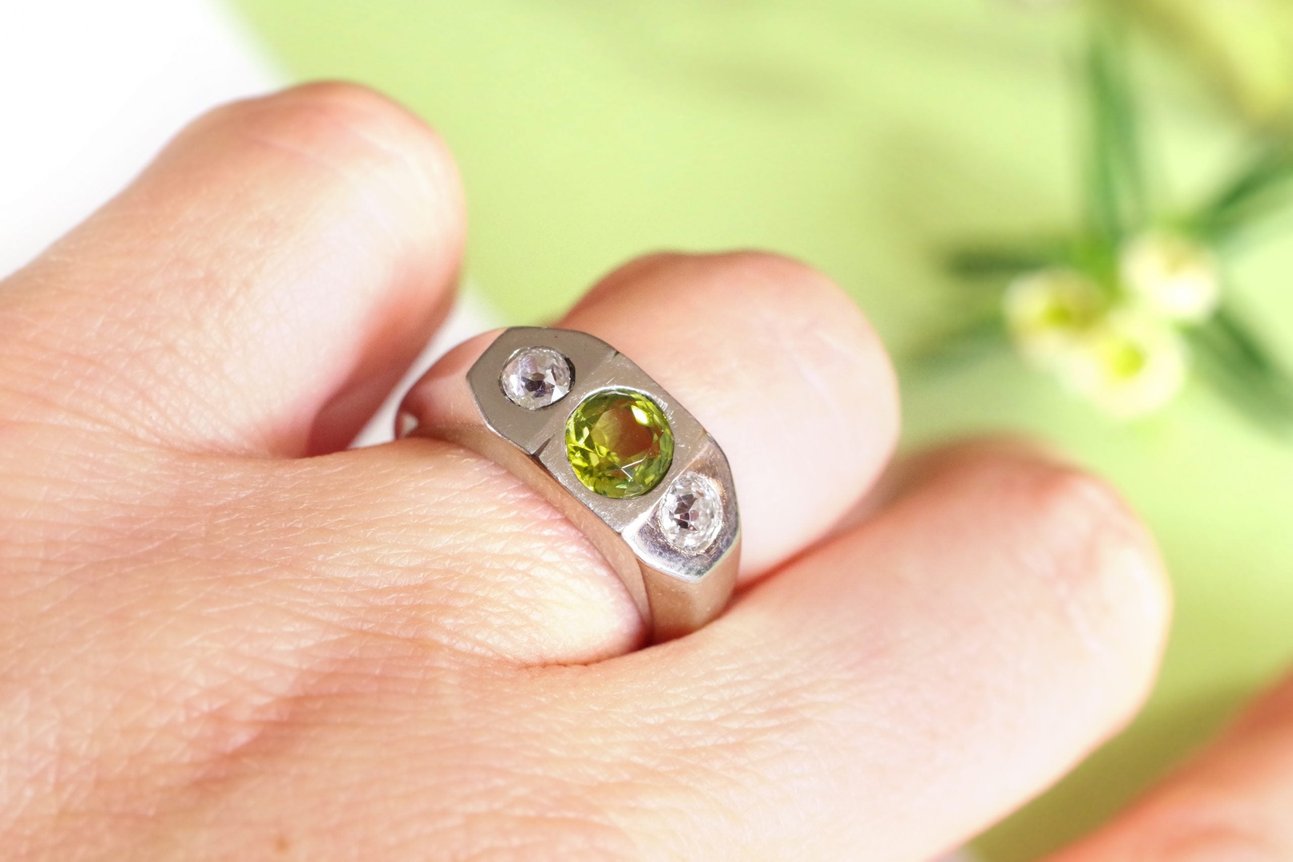 green tourmaline ring in white gold