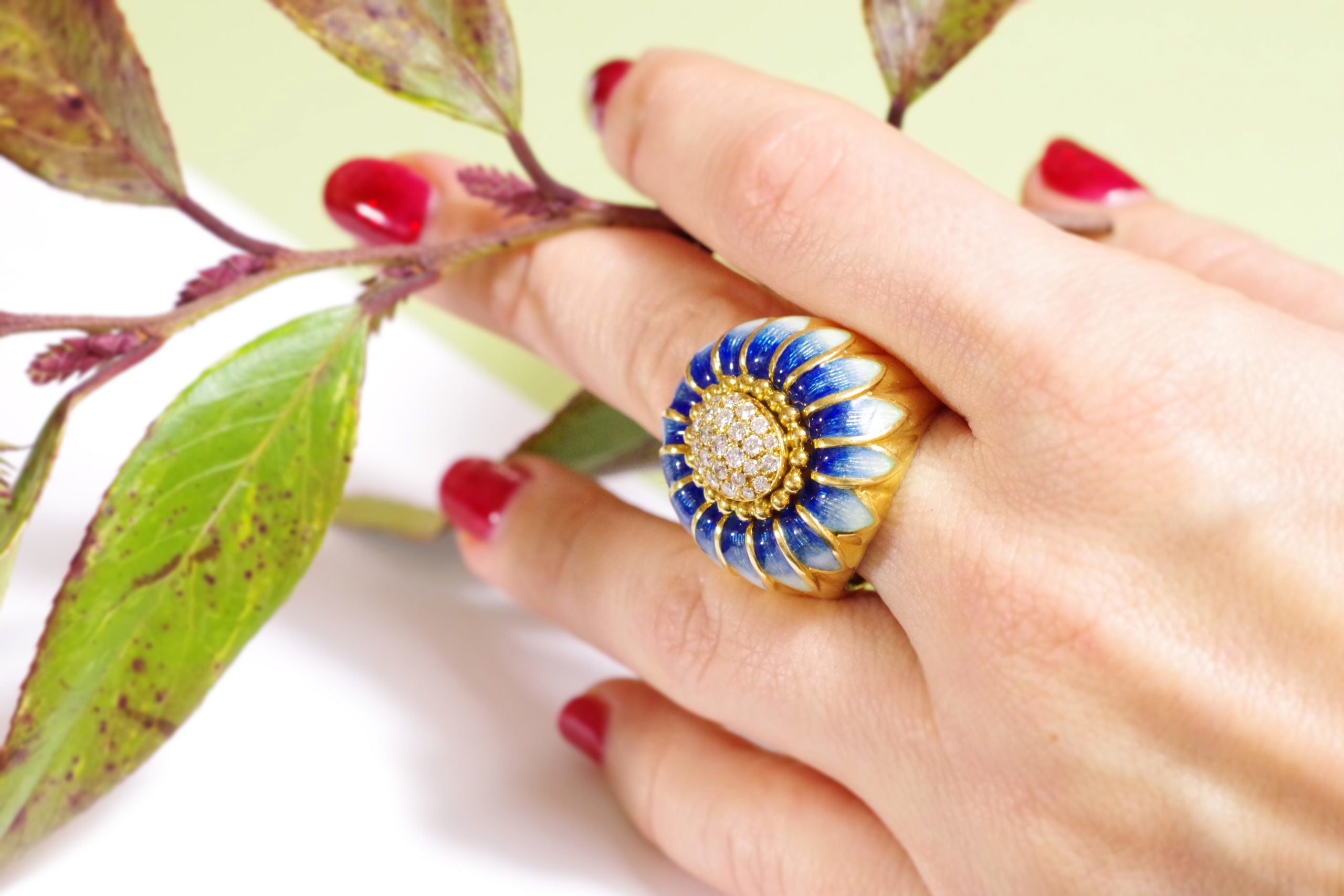 contemporary flower cocktail ring enamel with diamonds