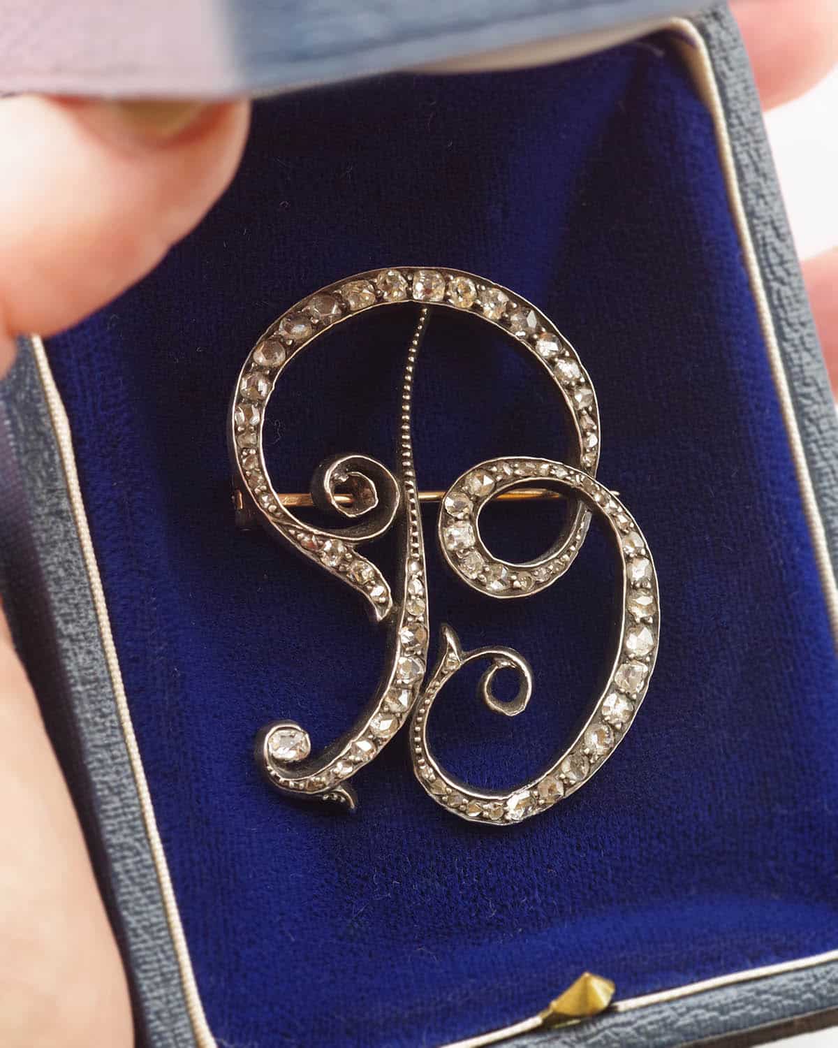 Victorian B brooch in gold and silver