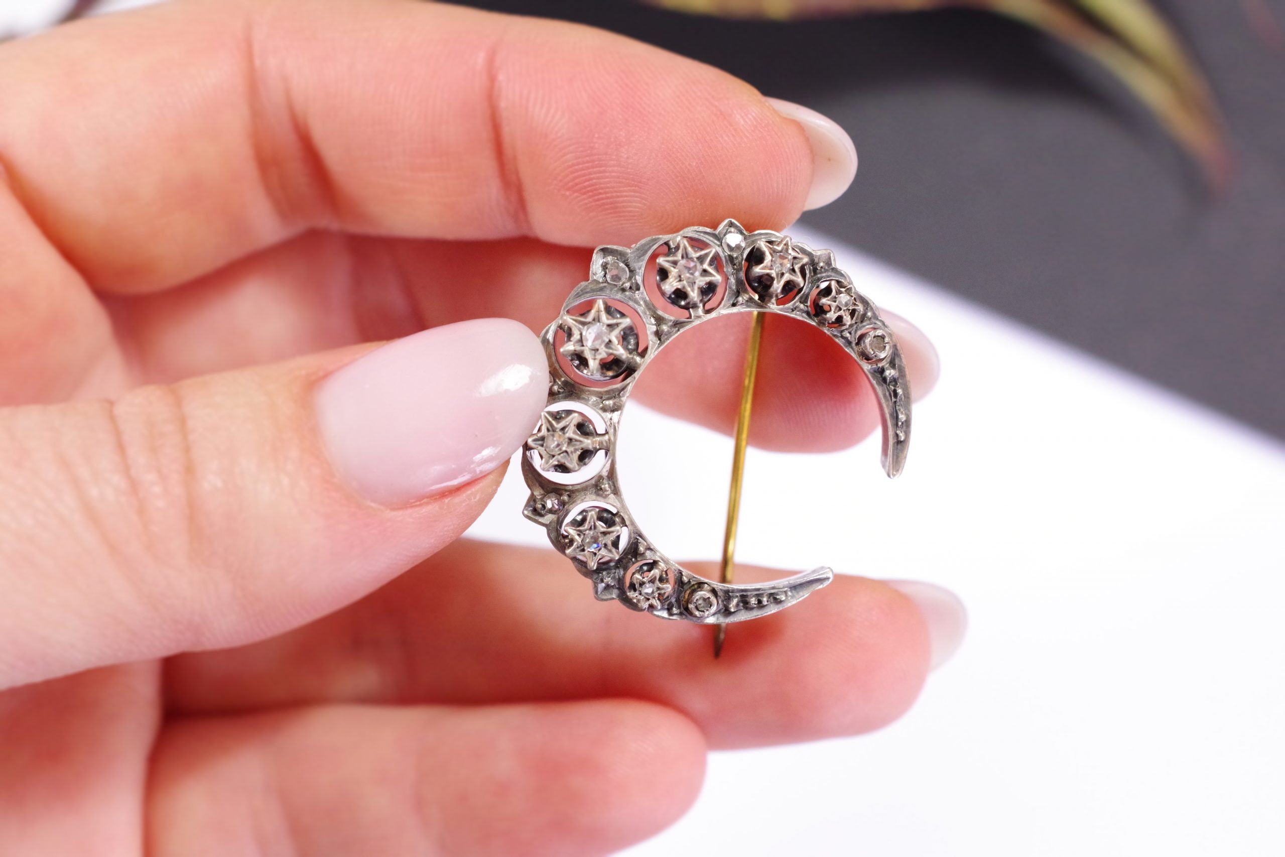 Victorian diamond crescent moon brooch