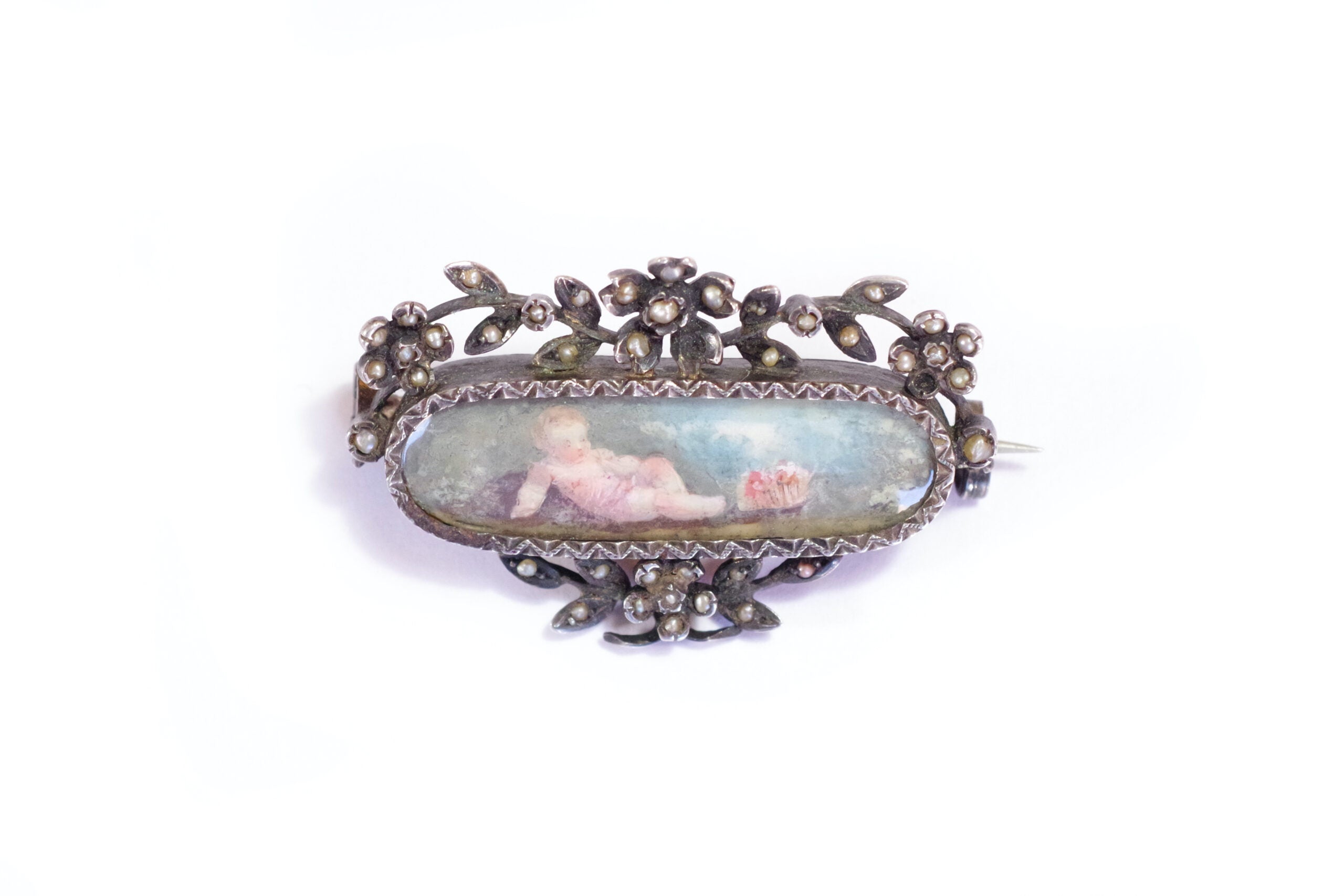 miniature broche ancienne cupidon sur ivoire