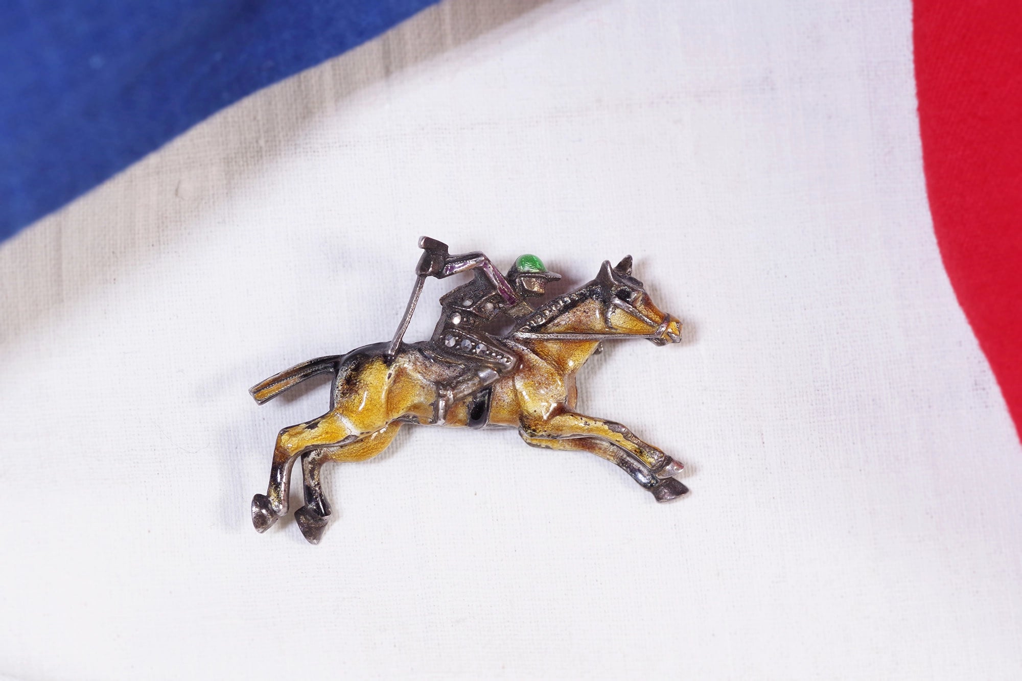 Antique Jockey enamel silver brooch