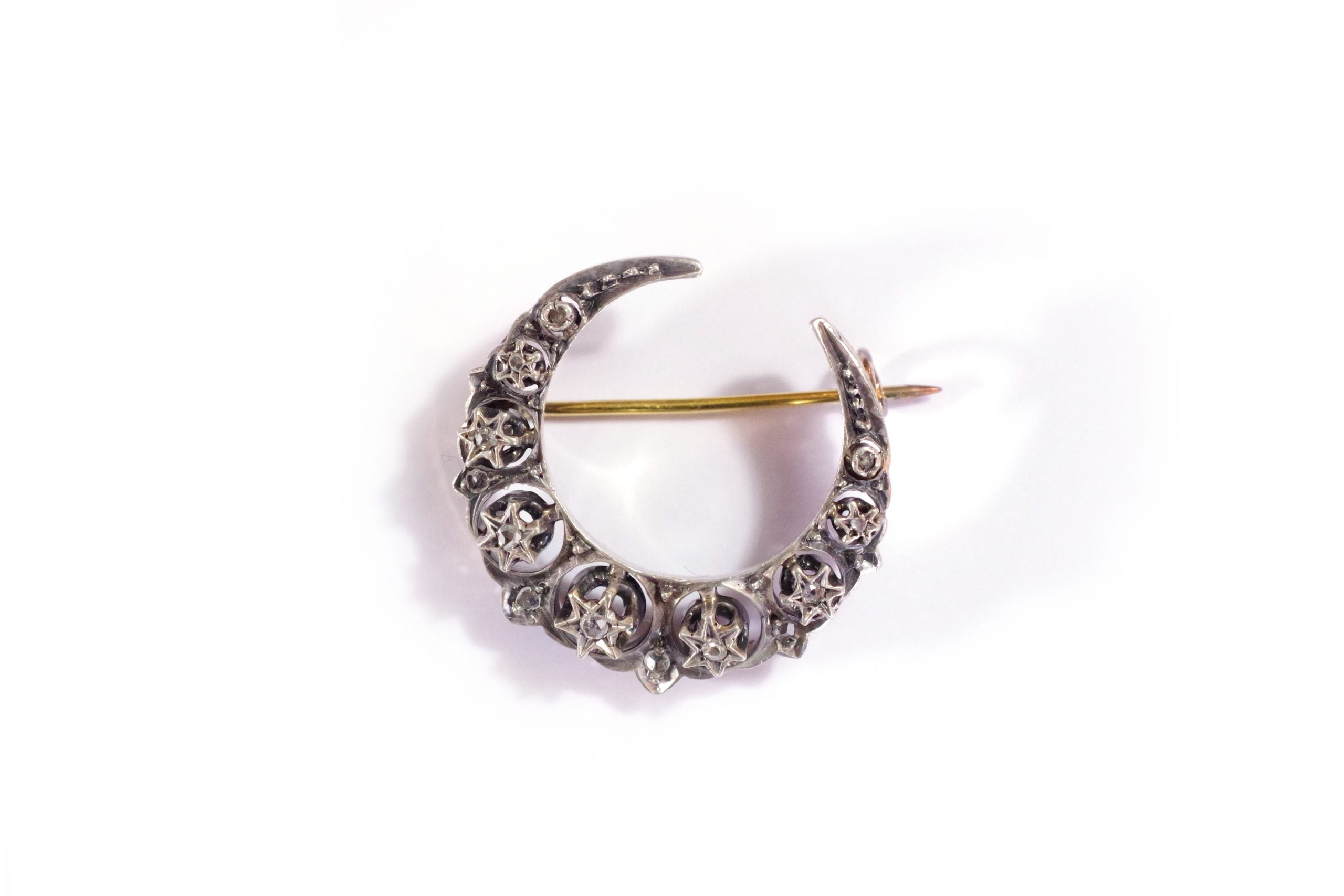 broche lune diamant argent or 18k bijou ancien