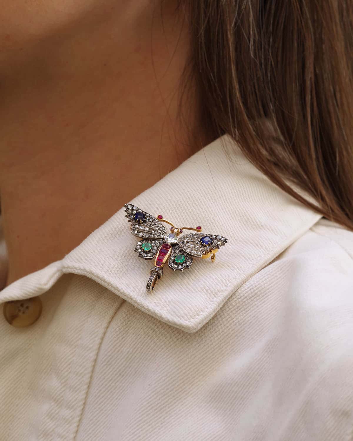 Butterfly sapphire emerald brooch