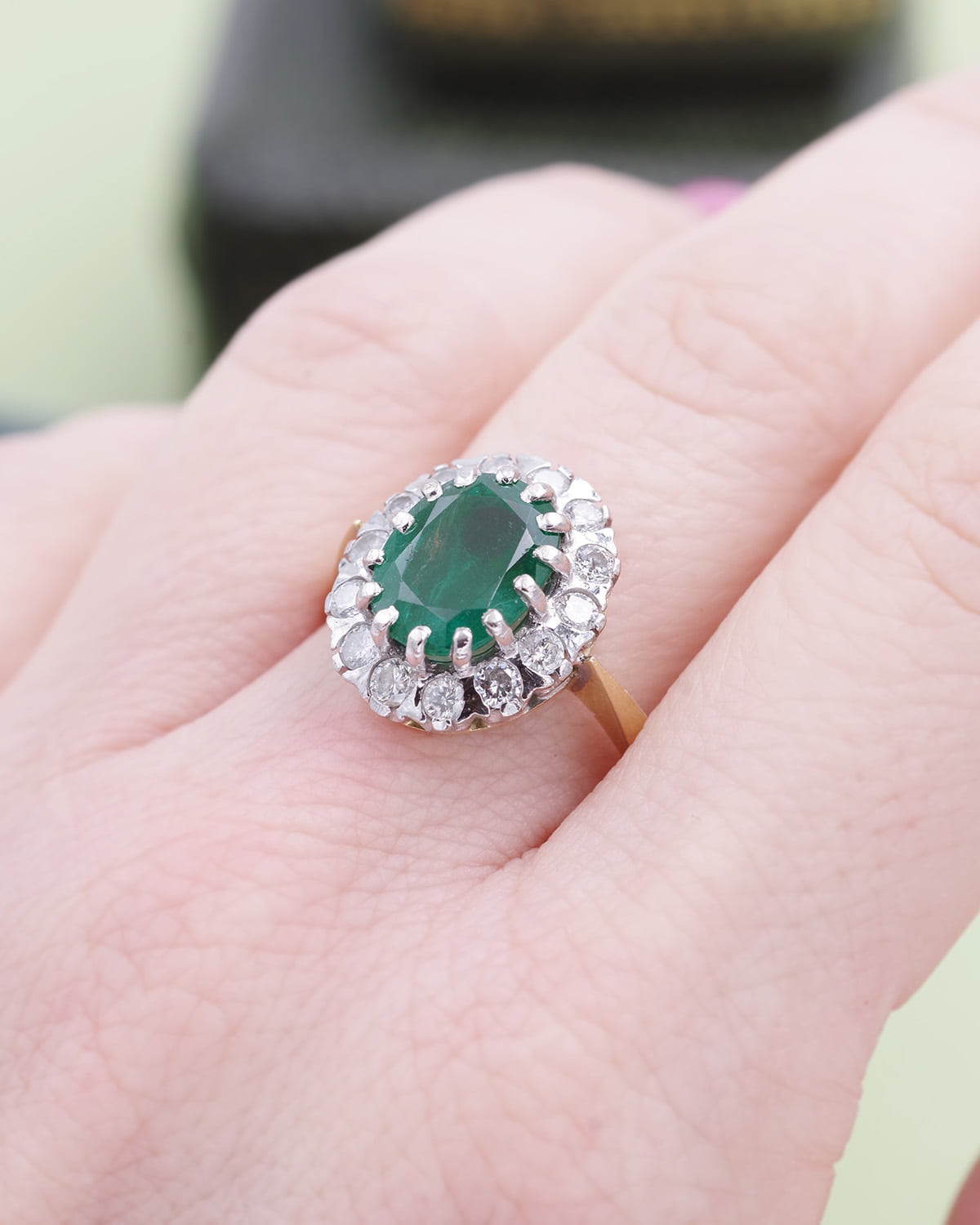 Emerald diamond cluster ring