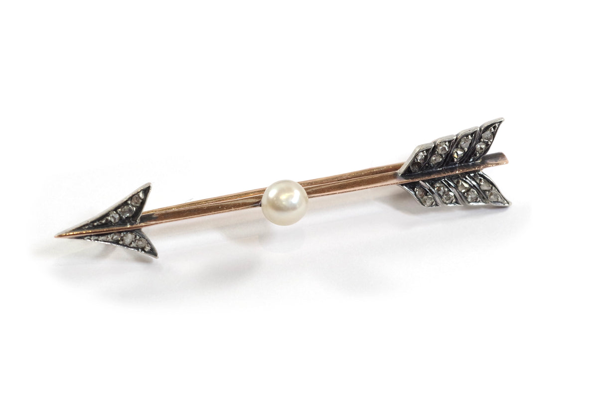 Broche Flèche Vintage 19e Siècle - Or Rose 18 Carats, Perle Fine Et Diamants