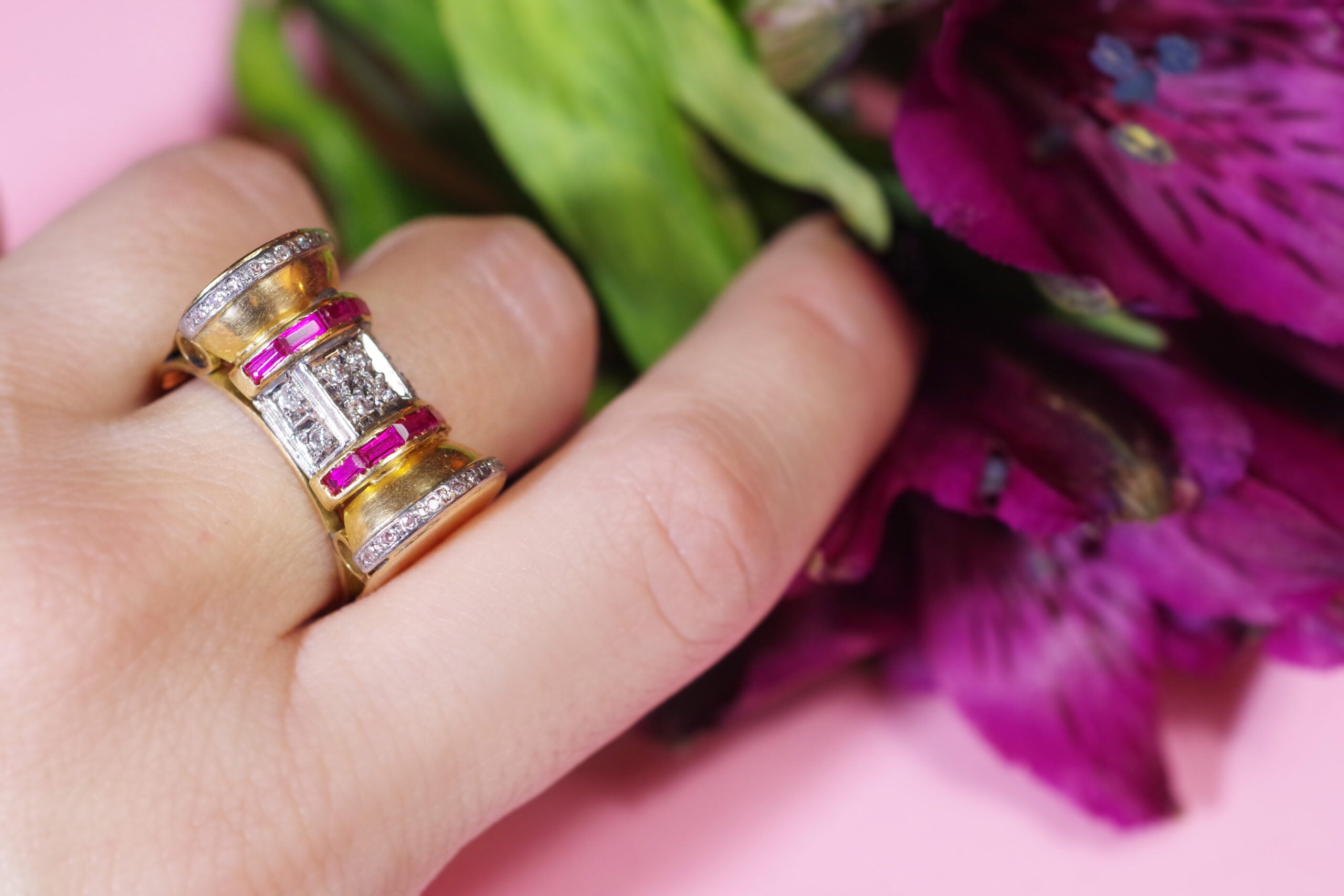 Diamond ruby tank ring in gold