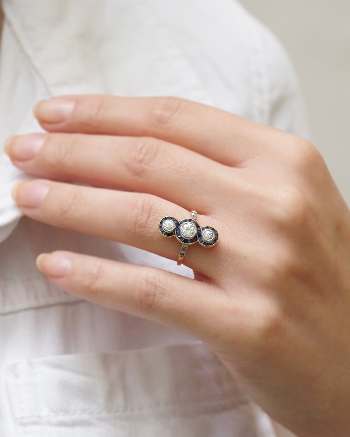 Diamonds sapphire wedding art deco ring