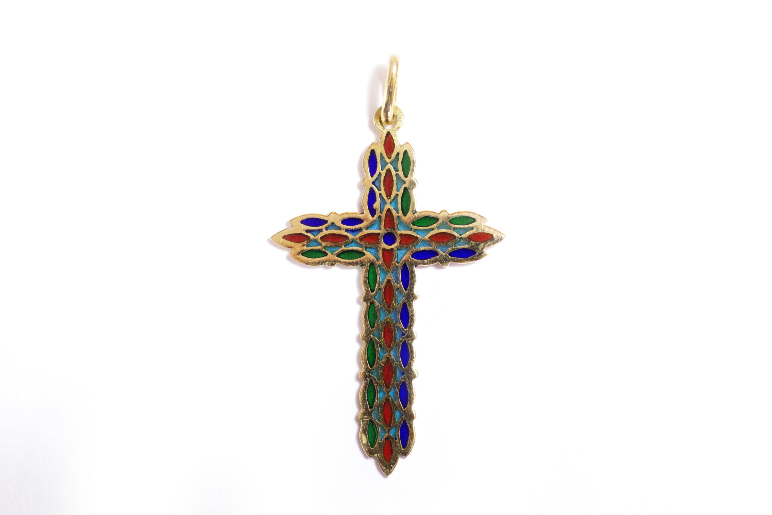 pendentif croix or 18k email plique a jour bijou religieux