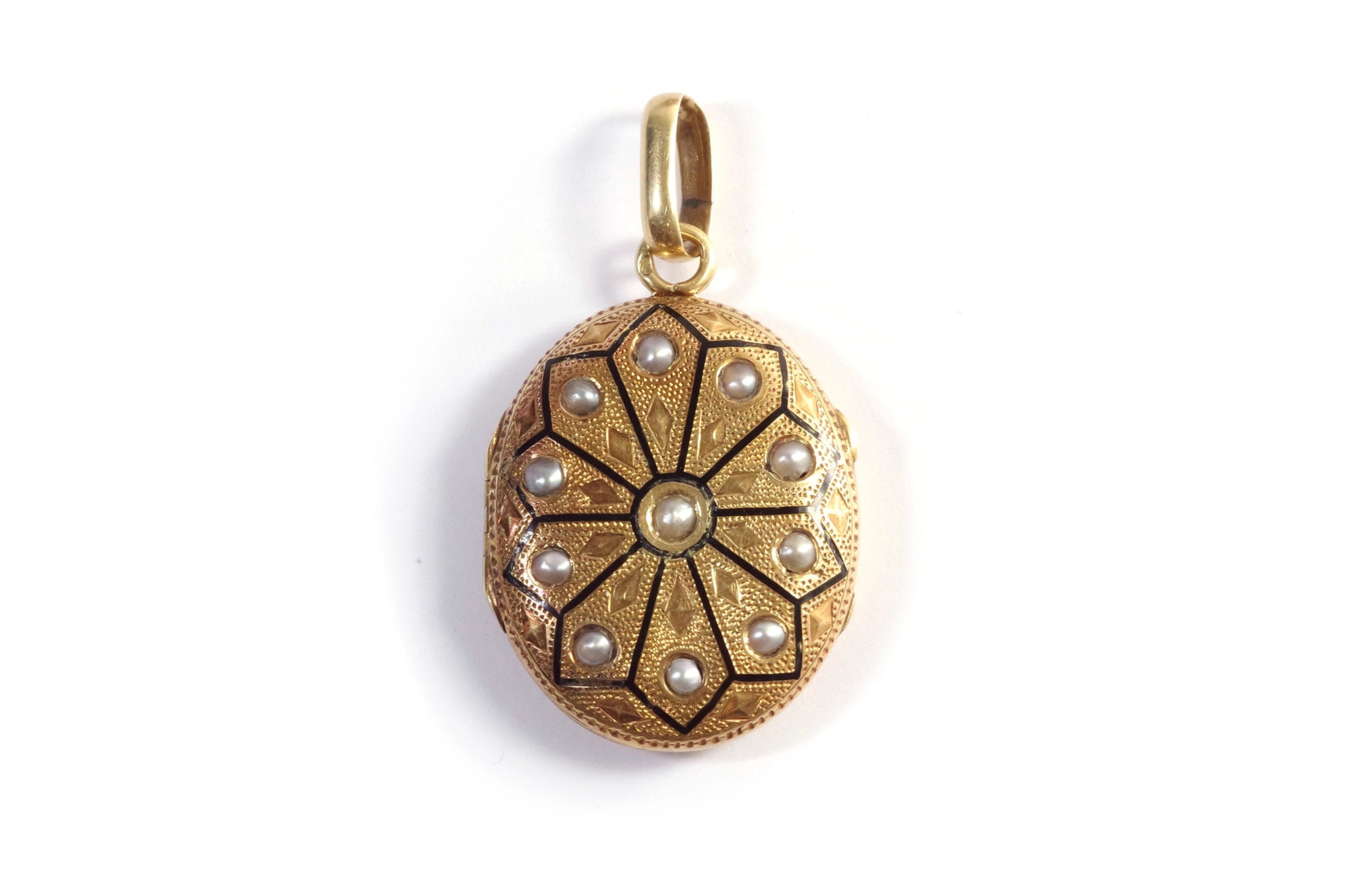 Pearl and black enamel gold locket pendant