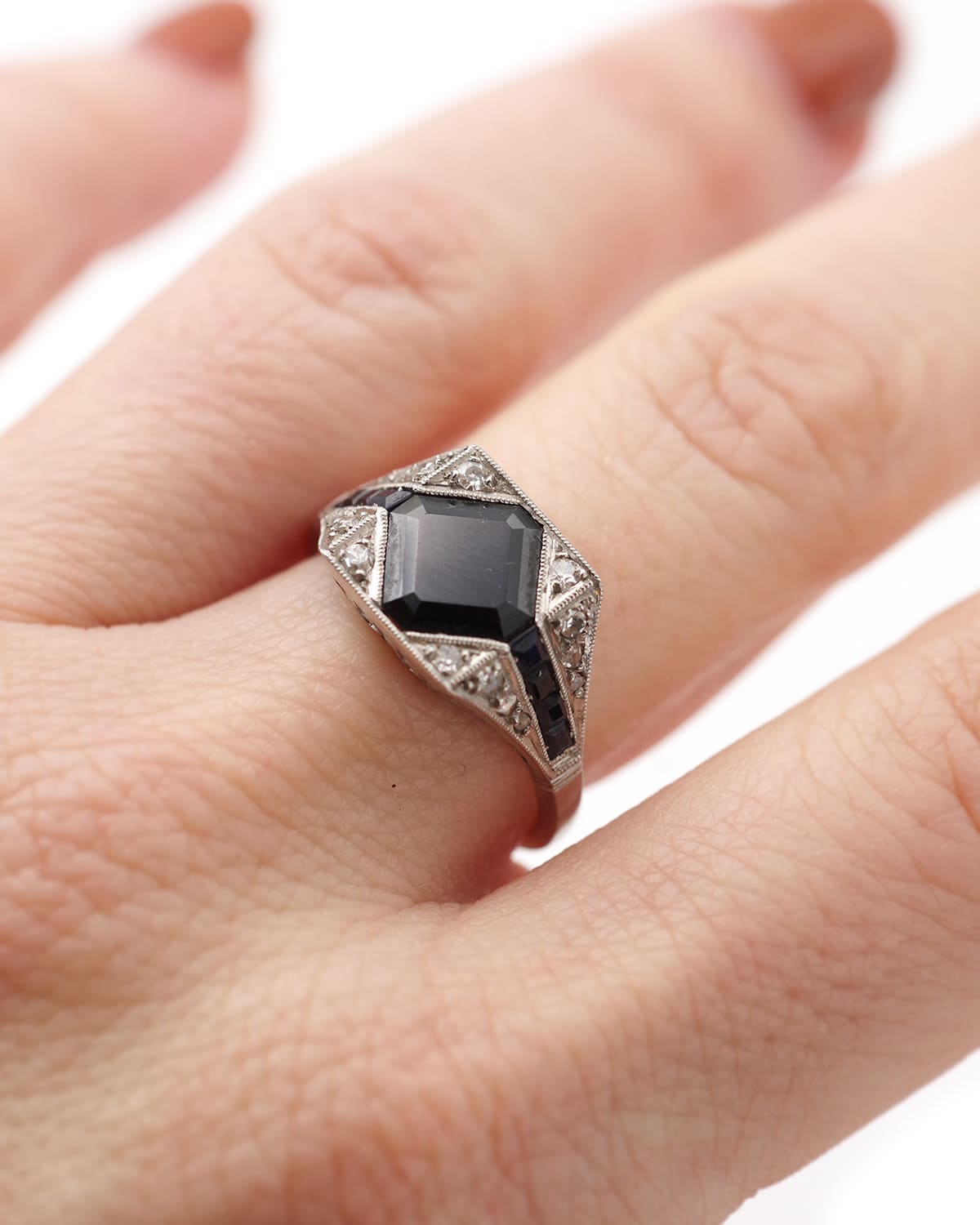 sapphire diamond square ring in platinum