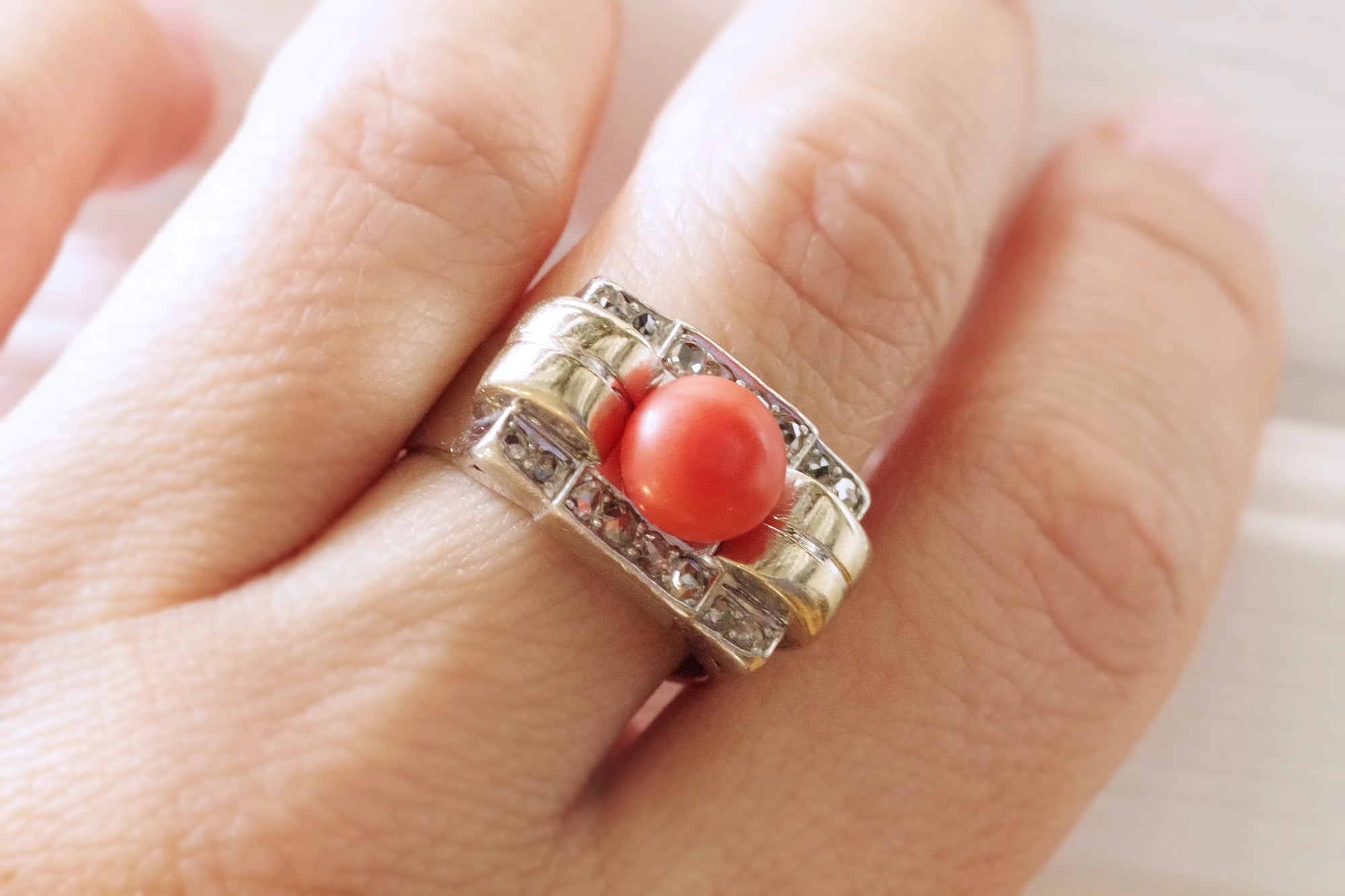 coral tank ring in platinum