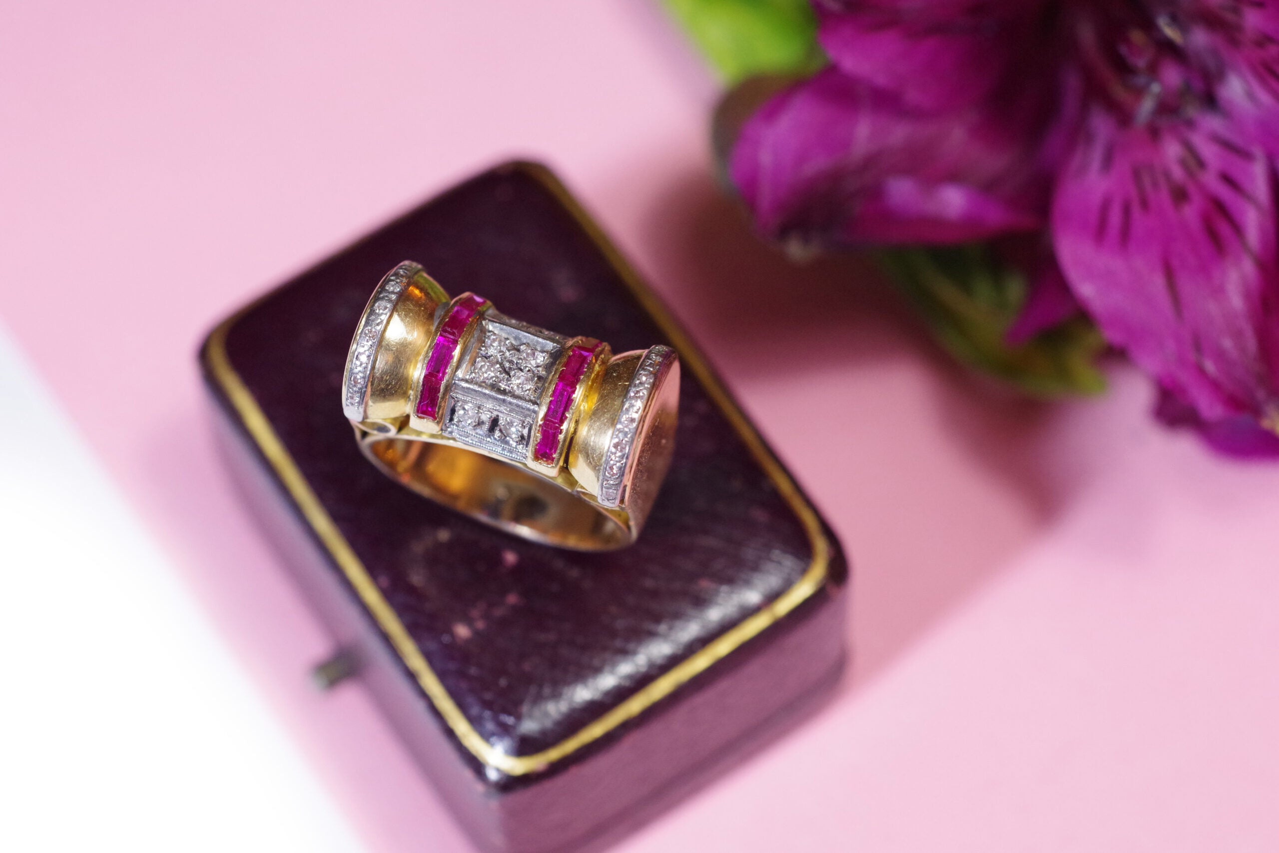 ruby diamond scroll tank ring in gold