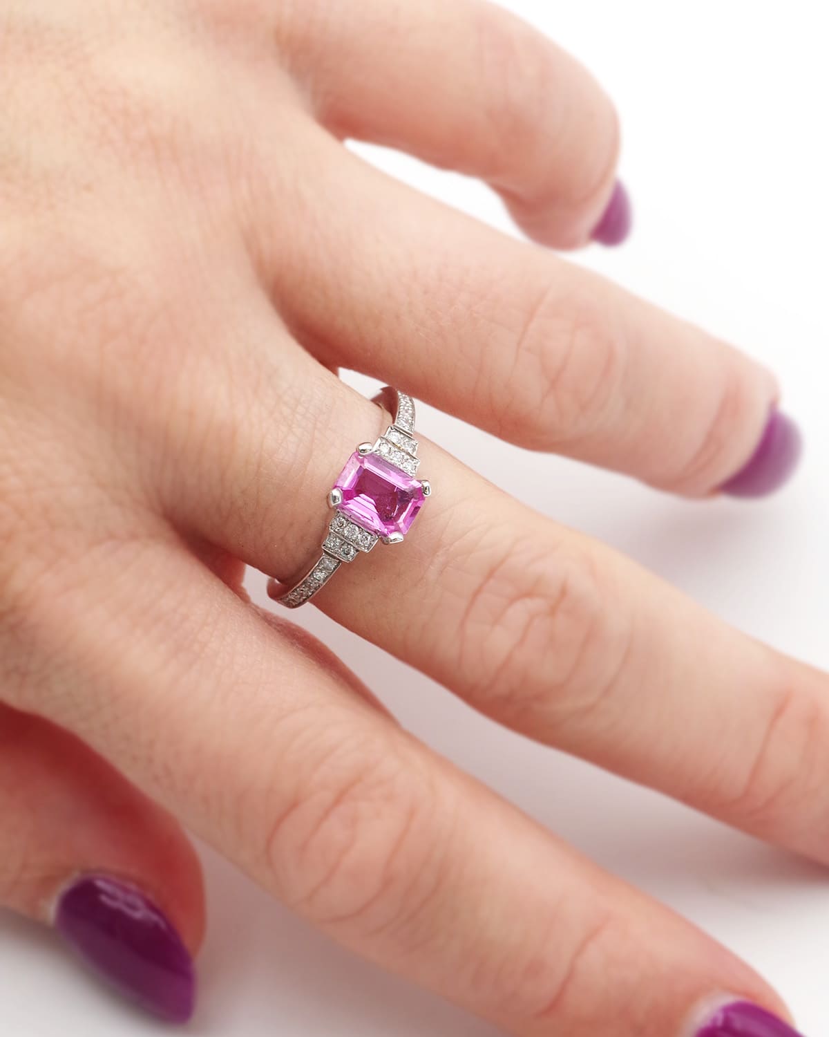 Diamond and pink sapphire ring