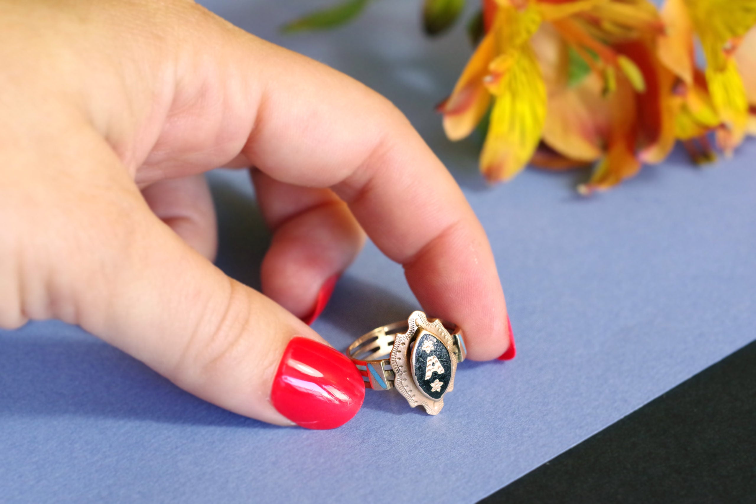 antique letter A ring with blue robin egg and black enamel