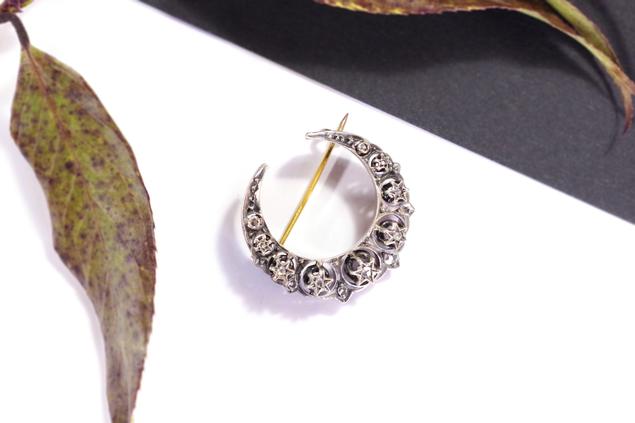 Victorian diamond crescent moon brooch