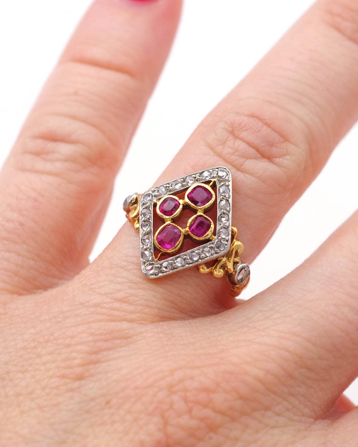 Lozenge ruby diamond ring