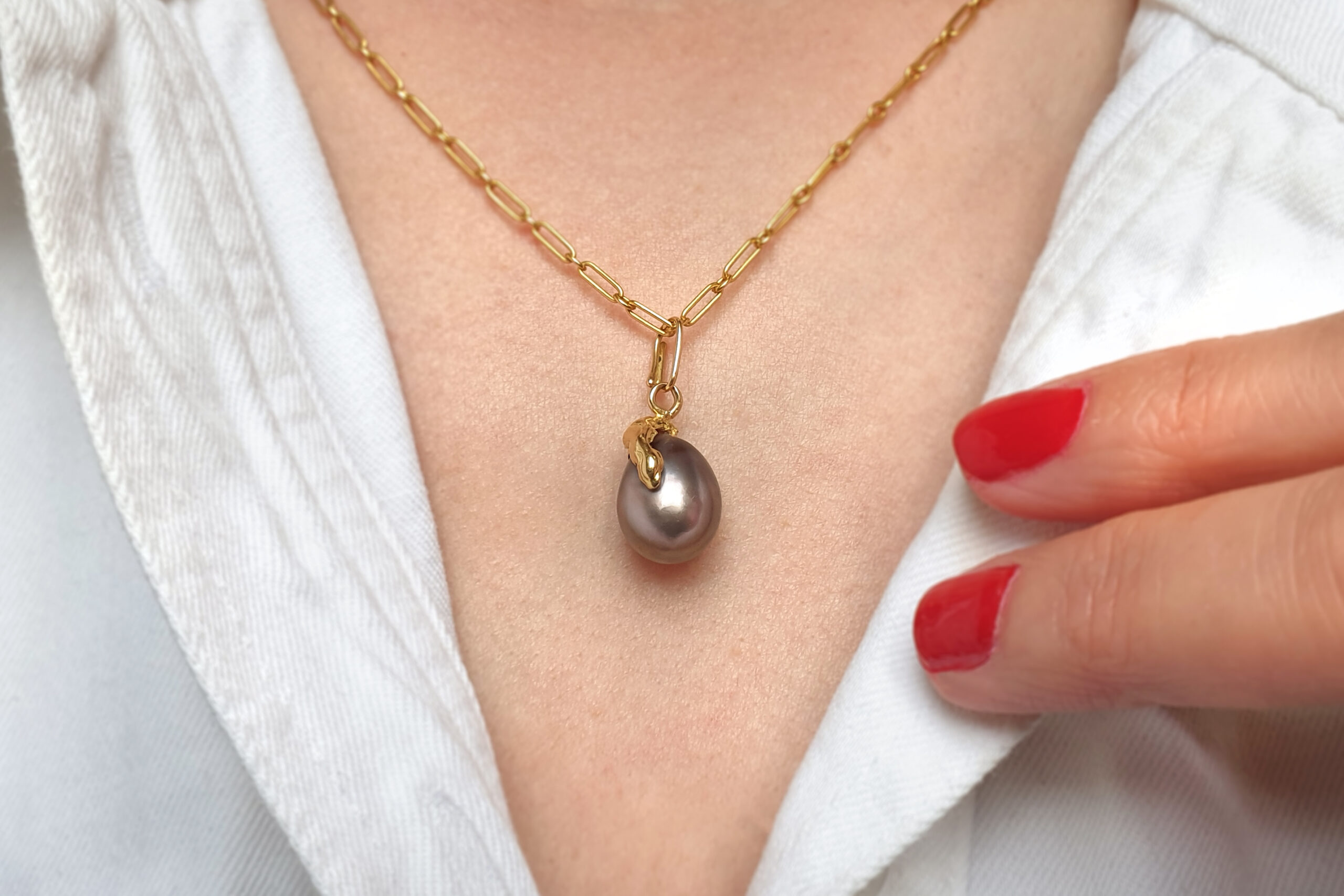 18k Gold Pearl Charm Necklace