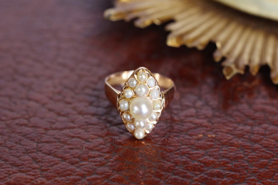 Bague marquise perles fines or rose