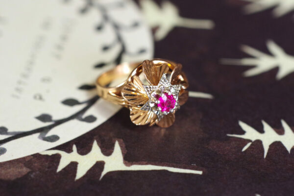 pink gold flower ruby ring