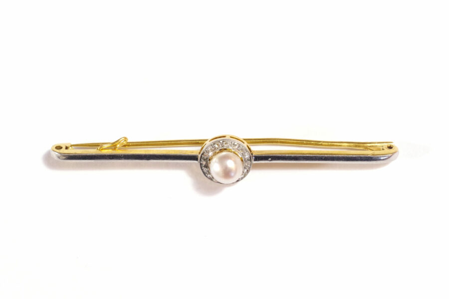 antique art deco diamond pearl pin brooch in white gold