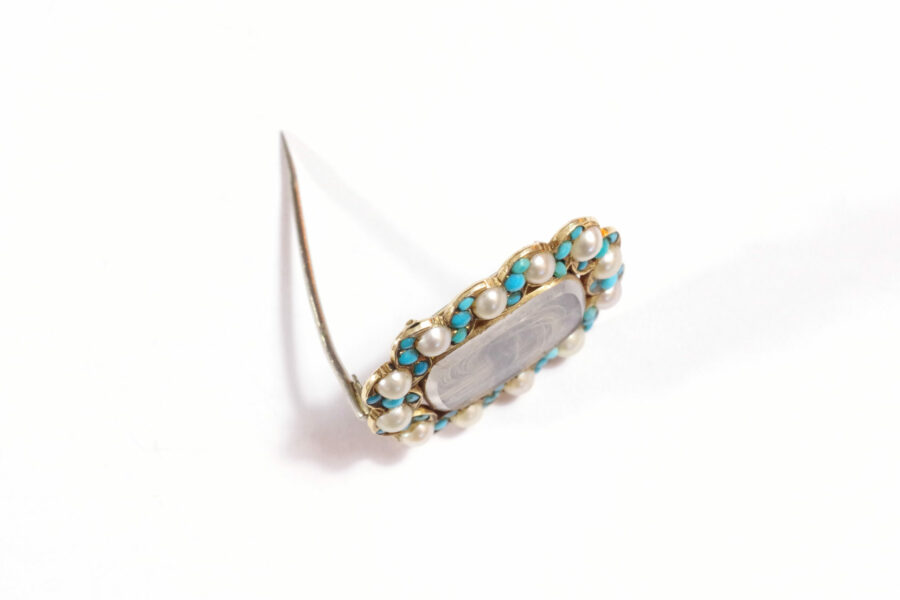 broche ancienne en or 10k perle turquoise cheveux