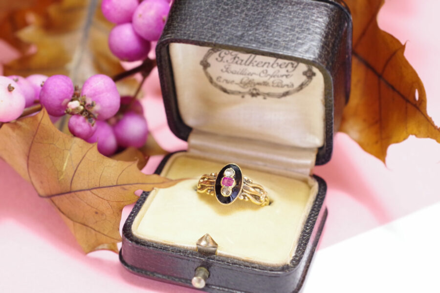 victorian enamel ruby diamond ring in gold