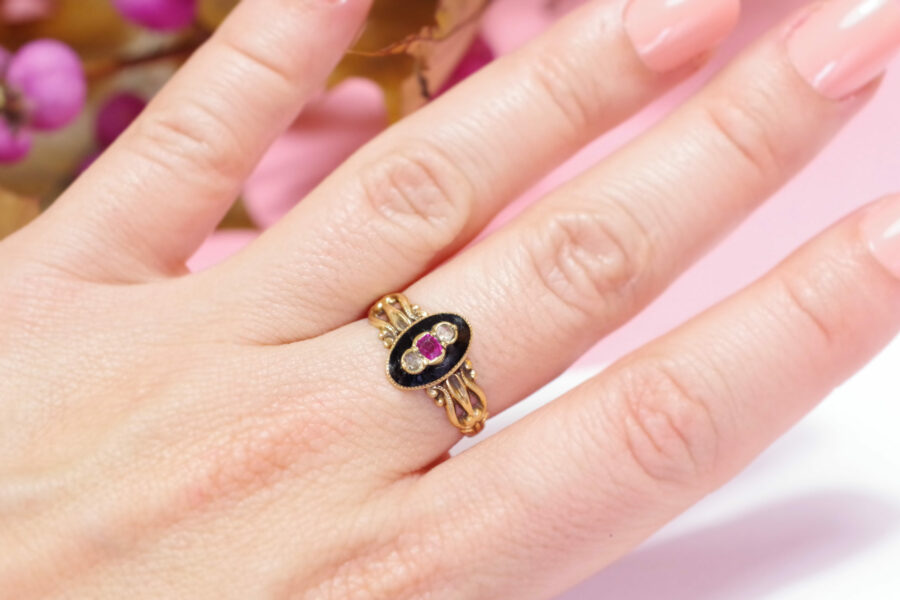 victorian black enamel ring ruby and rose cut diamond