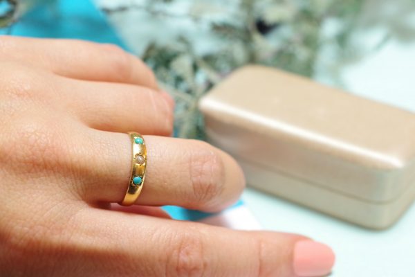 gypsy ring with pearl and turquoise in gold