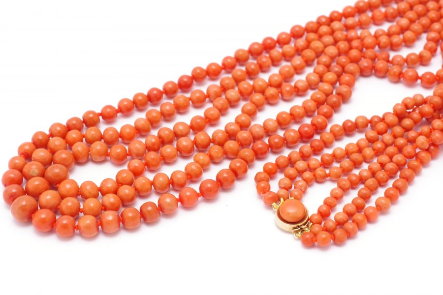 art deco coral beads in gold