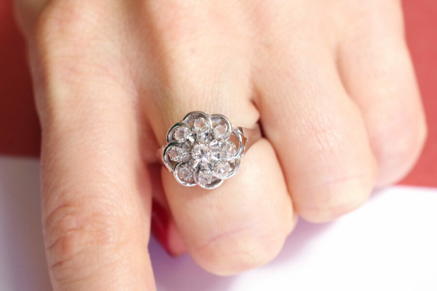 vintage diamond cluster ring in white gold rose cut diamonds