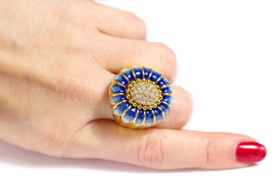 contemporary flower cocktail ring enamel with diamonds unsigned