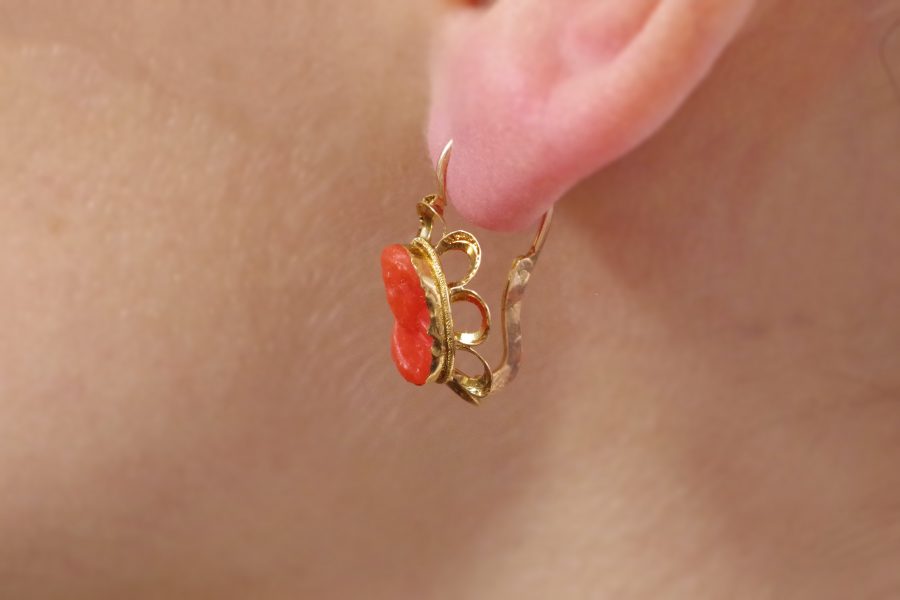 victorian cameo coral earrings sleepers in gold