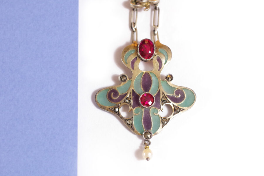Edwardian jugendstil necklace in plique a jour enamel and imitation stones
