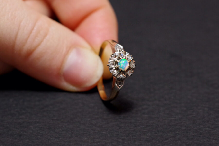 cluster ring with opal and rose-cut diamond