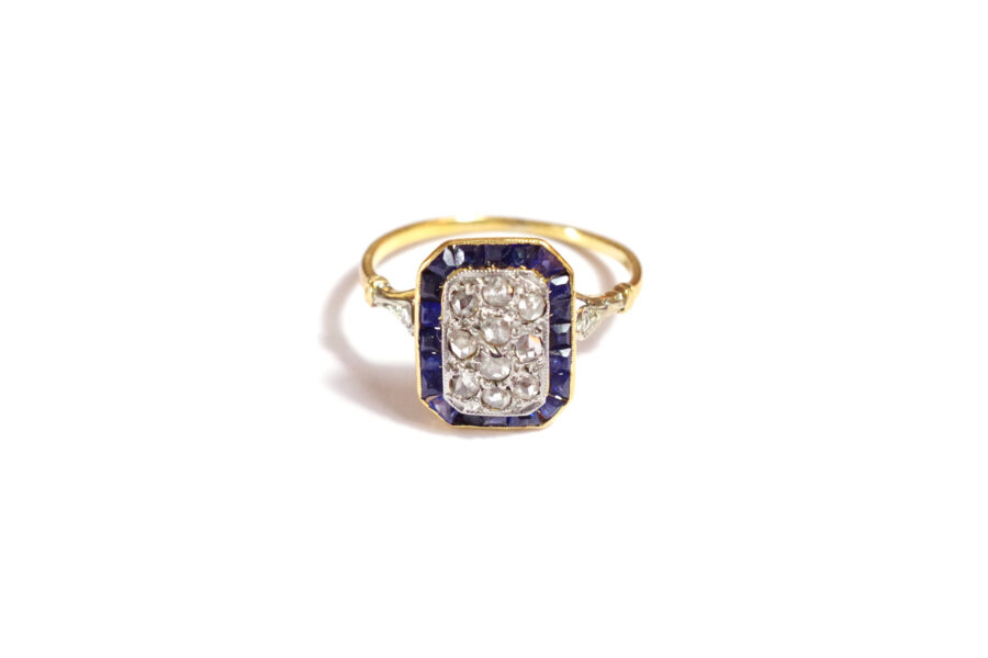 Edwardian art deco ring with sapphire and rose cut diamond