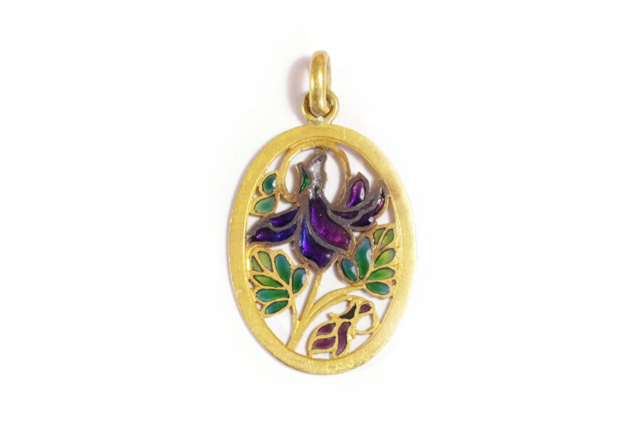 art nouveau iris flower pendant in plique a jour enamel