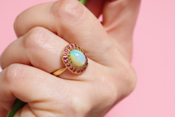 pre-owned opal garnet ring in rose gold