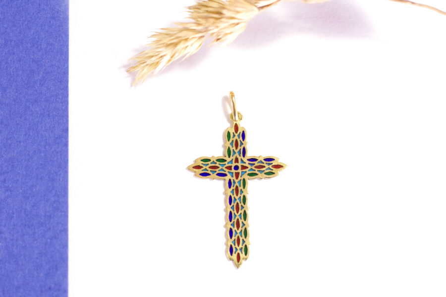 christian cross pendant plique a jour enamel 18k gold