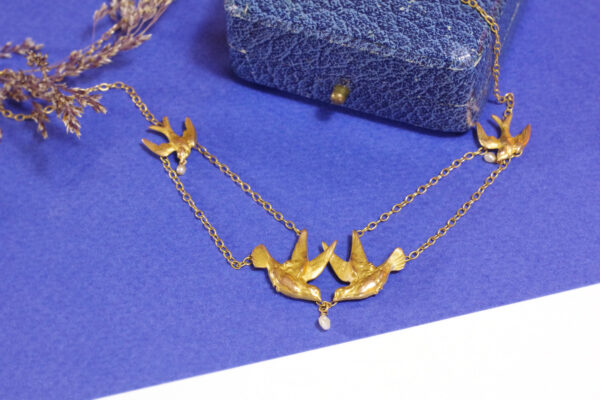 collier art nouveau hirondelles 1900 bijou ancien perles or 18k