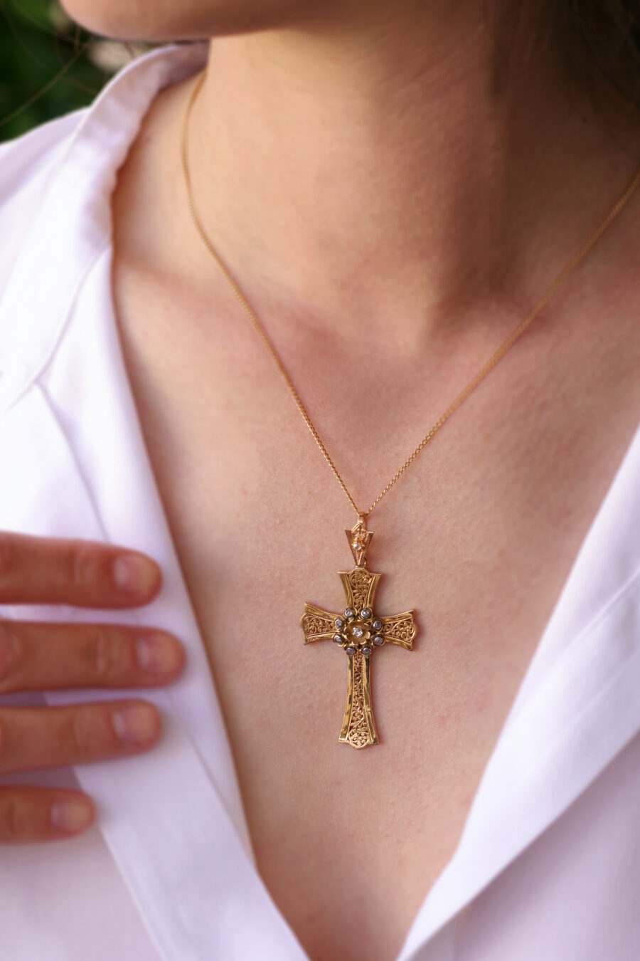 diamond gold french cross religious pendant antique jewellery