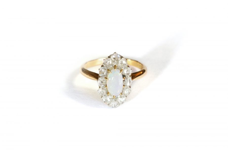 opal diamond cluster ring in platinum